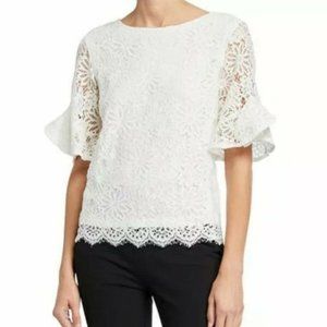 Nanette Lepore White Lace 3/4 Bell Sleeve Top